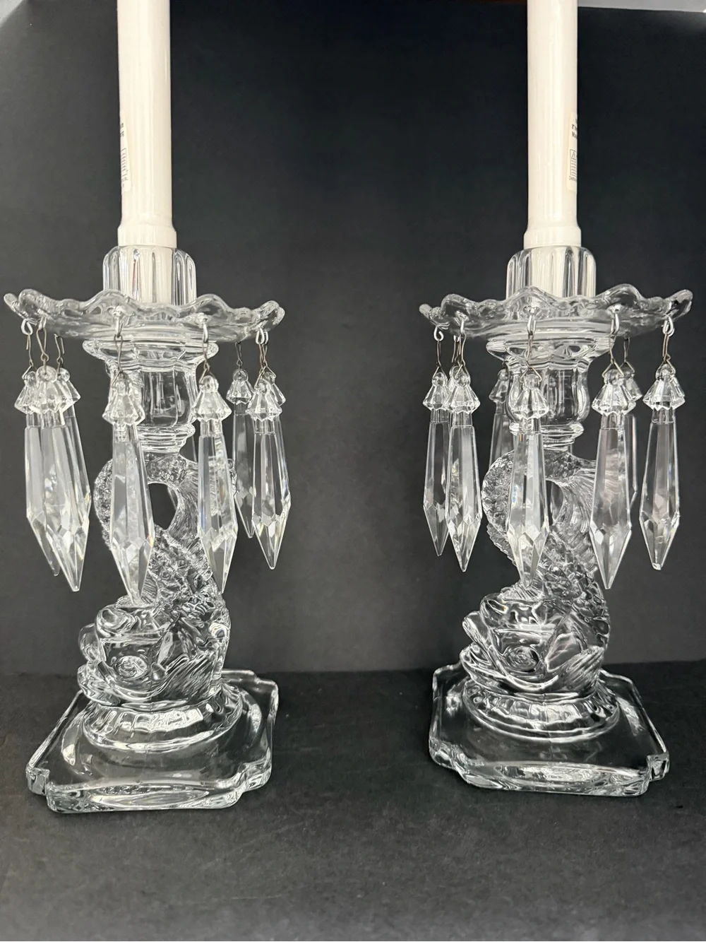 Pair of Cambridge Glass Candle Holders Fish Figure Bases w/Crystal Prisms 9,5